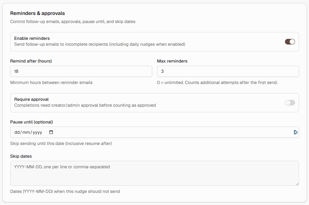 Reminder settings on a nudge